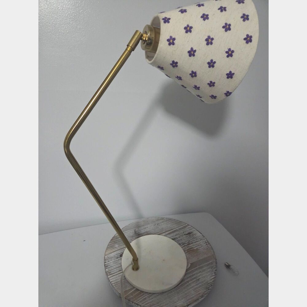 Vintage Desk Lamp Gold Metal Stand Purple Flowers Trumpet Shape Lampshade-Tested